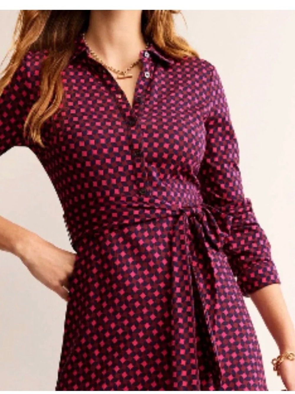 Boden Long Sleeve Wrap Dress in Plum and Pink Geo Print